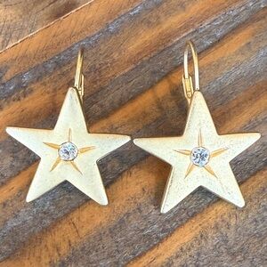 Brushed Gold Tone Star Earrings With Gypsy Set Clear Rhinestone - Pierced
